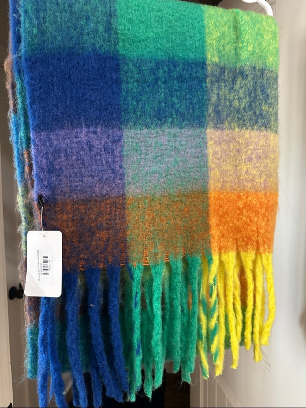 Multicolor Plaid Fringe Oversized Scarf Soft Wool Blend